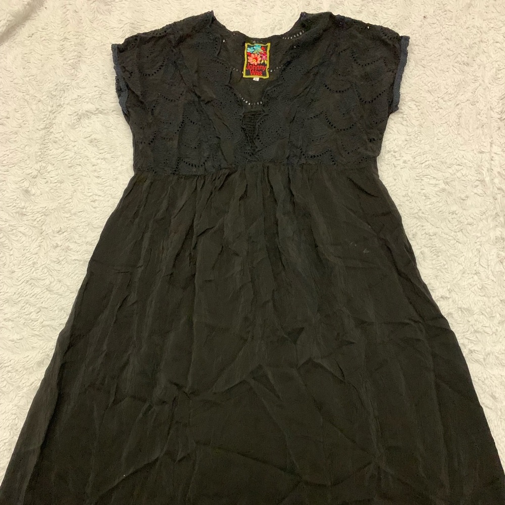 JOHNNY WAS EMBROIDERED Black Maxi Dress ss L